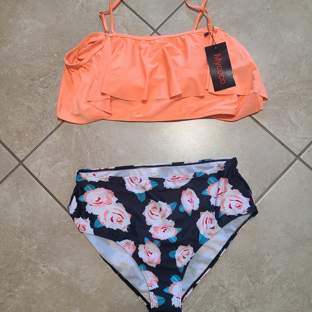 Mycoco Women's High Waisted Bathing Suit Flowy Two Piece Bikini in Peach Floral